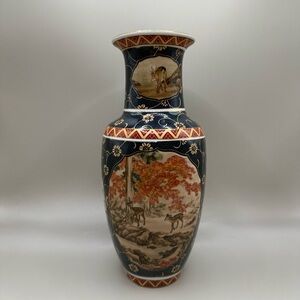 Japanese Style Fall Deer Blue Porcelain Decorative Ceramic Vase 10” Tall